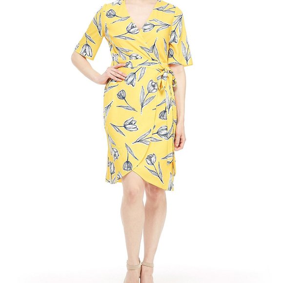 Maggy London Dresses & Skirts - NWOT Maggy London Yellow Faux Wrap Dress C19